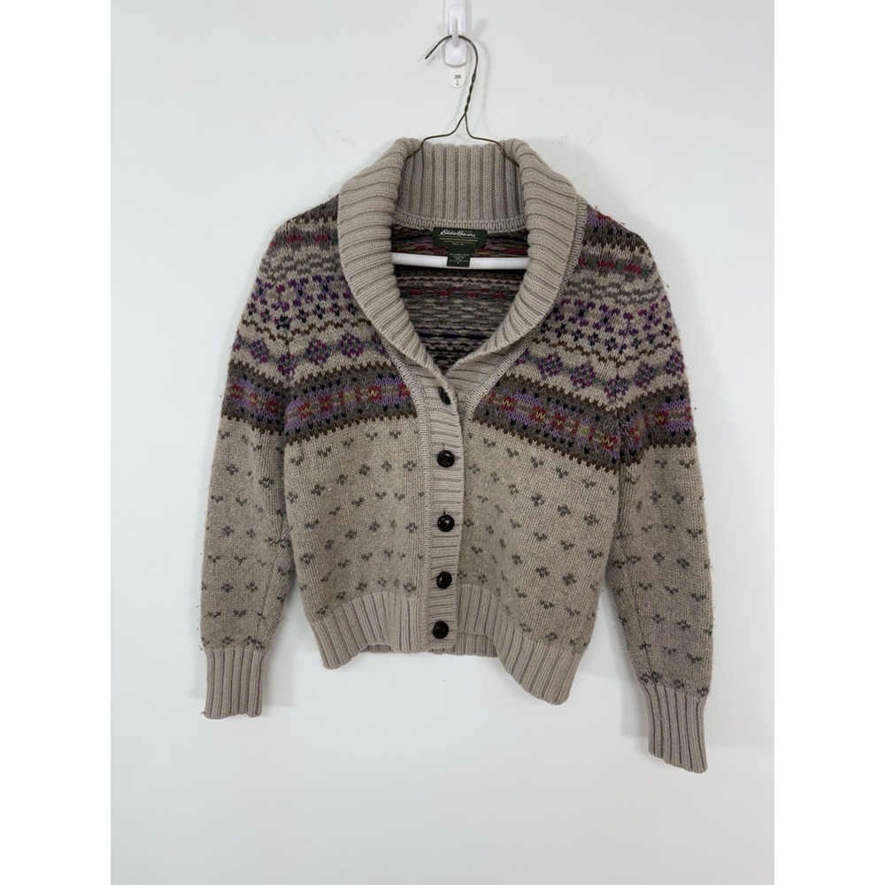 VTG Eddie Bauer Fair Isle Beige LambsWool Shawl Collar Grannycore Cardigan Sz S